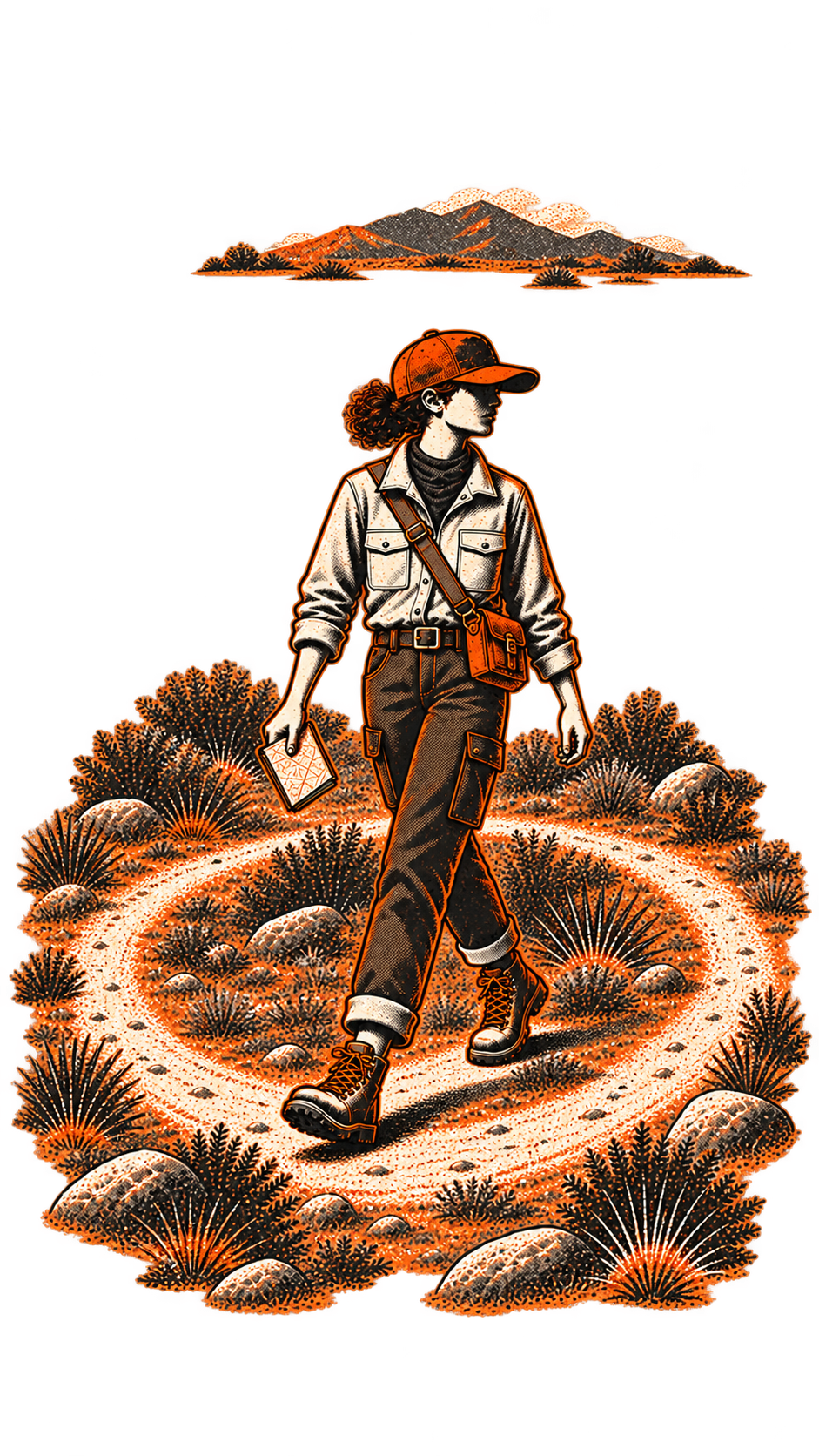 A figure walking a circular path with a map, going nowhere, mountains in the distance