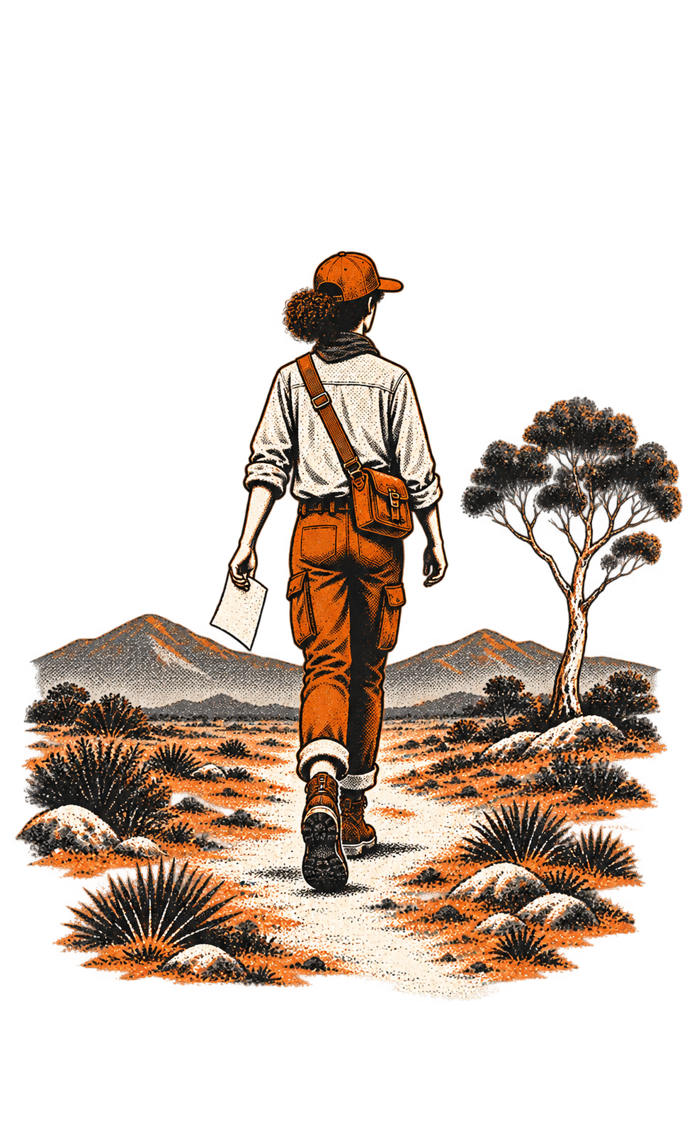 The figure walking away down a bush track, mountains and a gum tree in the distance