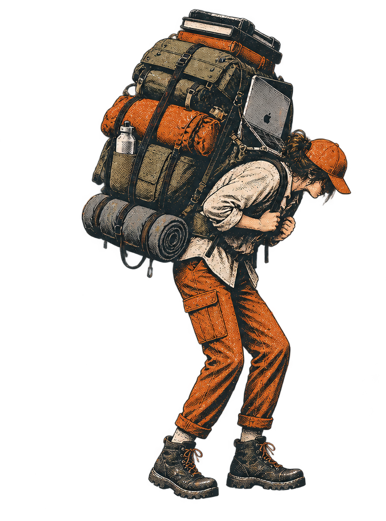 A figure bent double under an overloaded pack stacked with books, gear and a laptop
